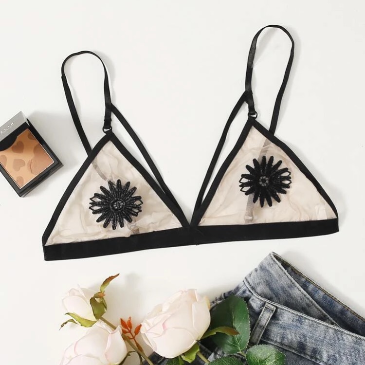 New Mesh Flower Small Black Strappy Bralette